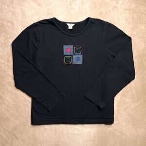 Y2K Embroidered Heart Patchwork Shirt Long Sleeve Black Cottagecore Teacher Boho